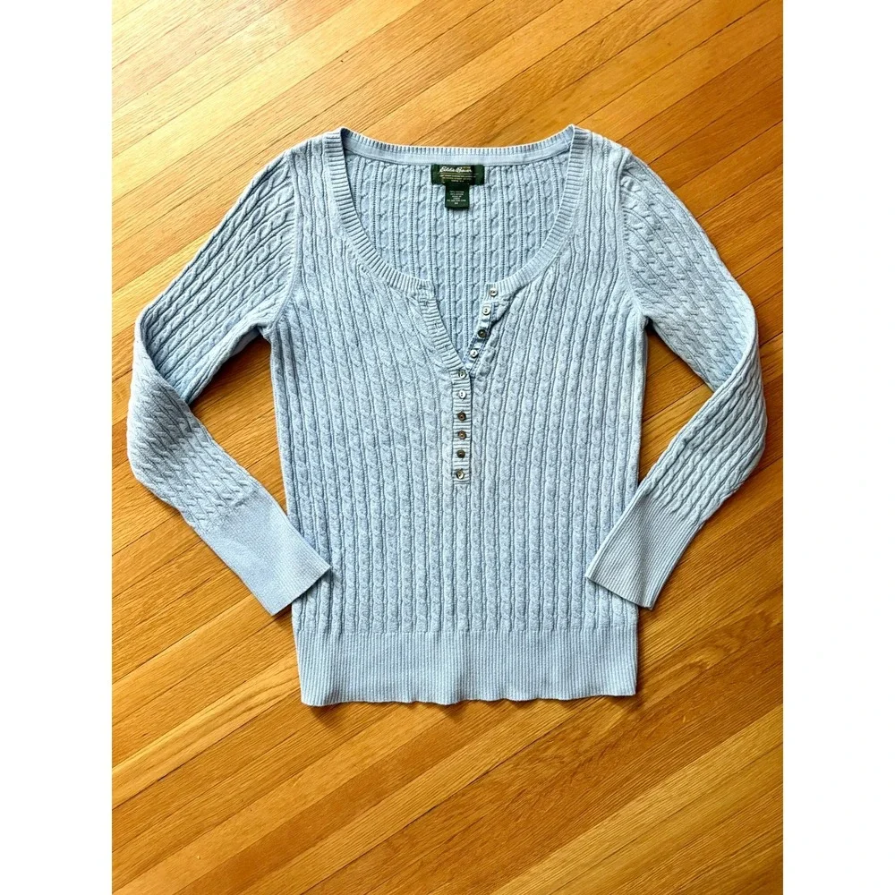 Vintage Y2K Eddie Bauer Light Blue Cable Knit Henley Sweater Scoop Neck M Preppy